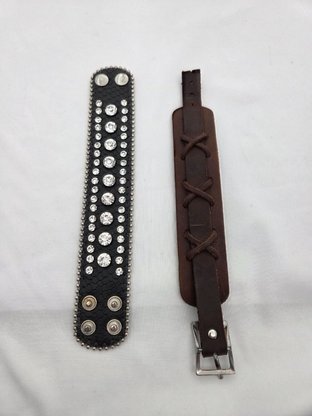 Vintage Biker Chic Leather & Suede Cuff Bracelet Duo - Studded & Buckled - Picture 2 of 7